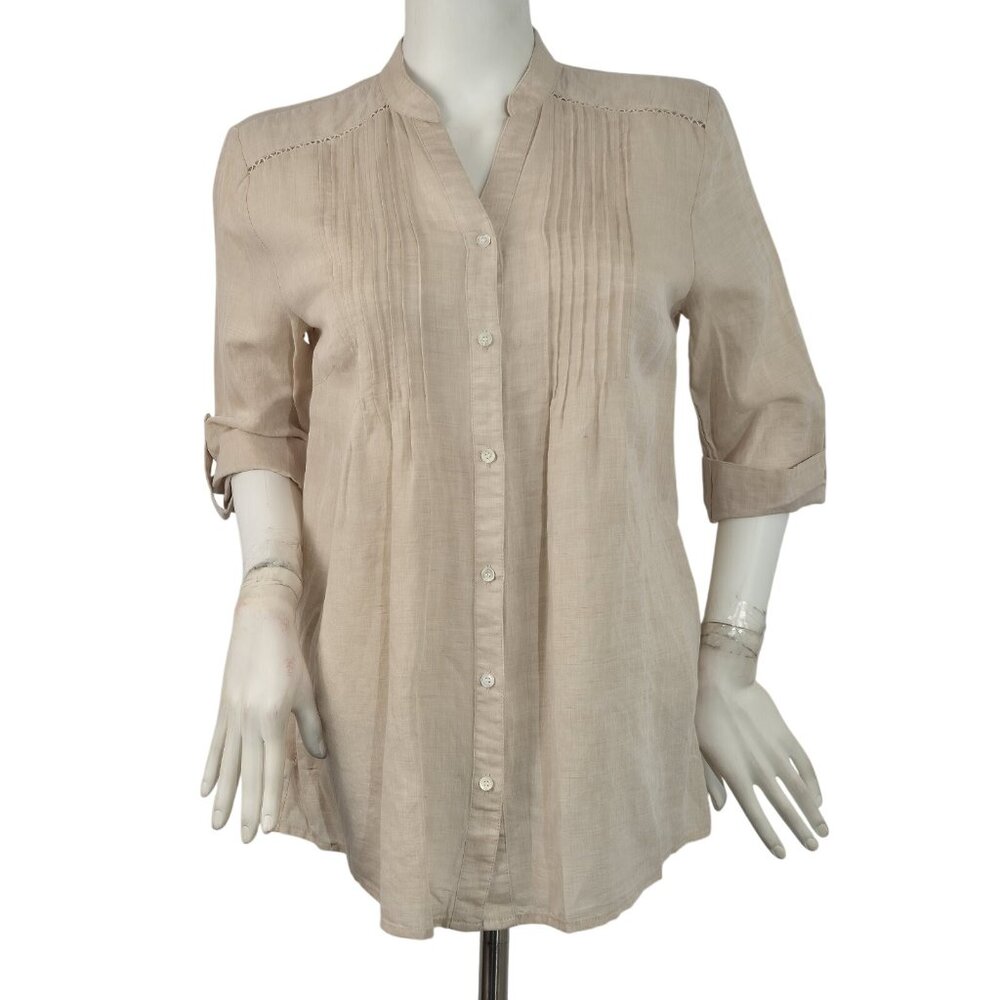 J.McLaughlin Riviera Blouse Top Size M Linen Cotton Blend Button Up Tan (60)